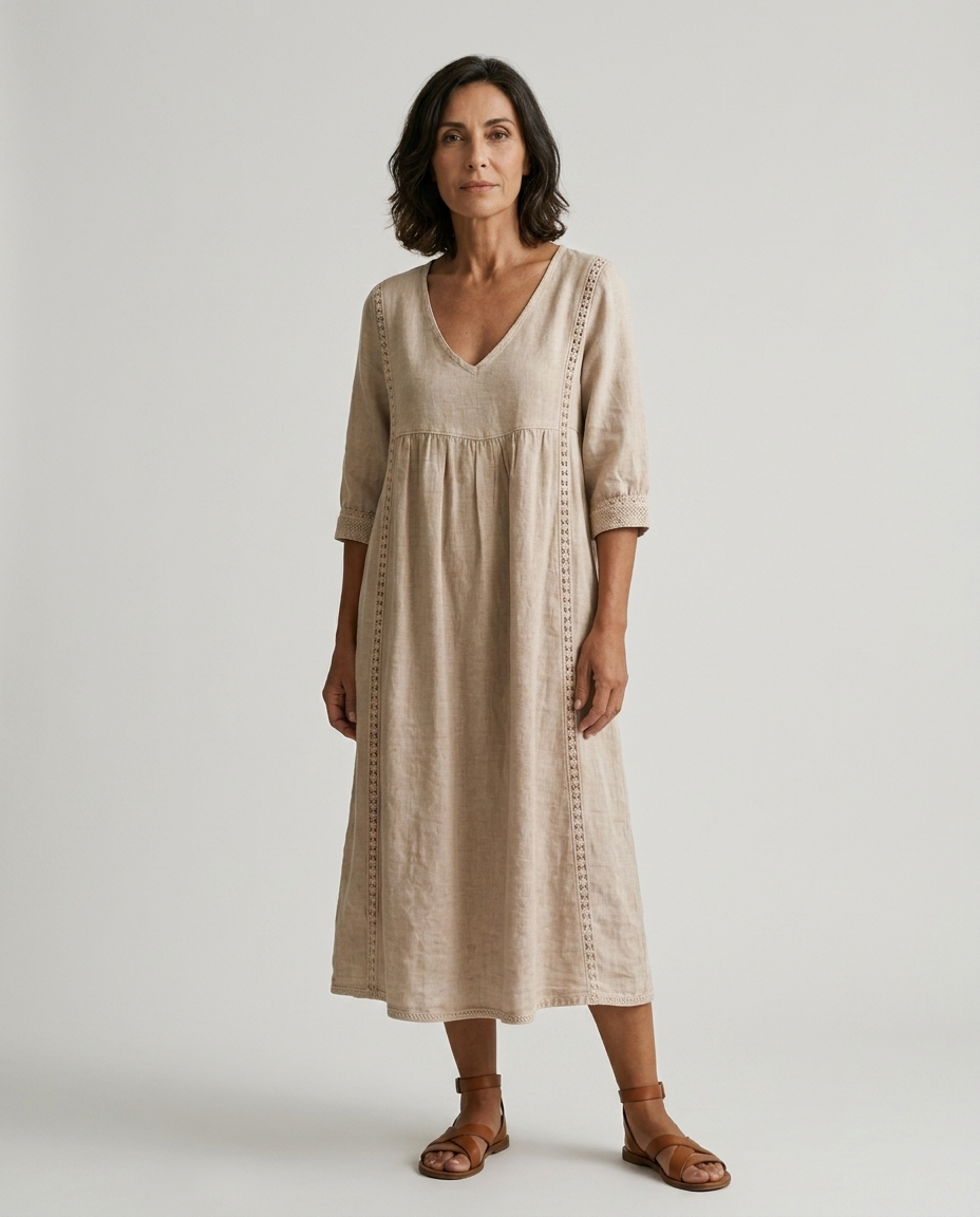 Marcella | Abito Midi in Lino, colore Albicocca, vista frontale su modella