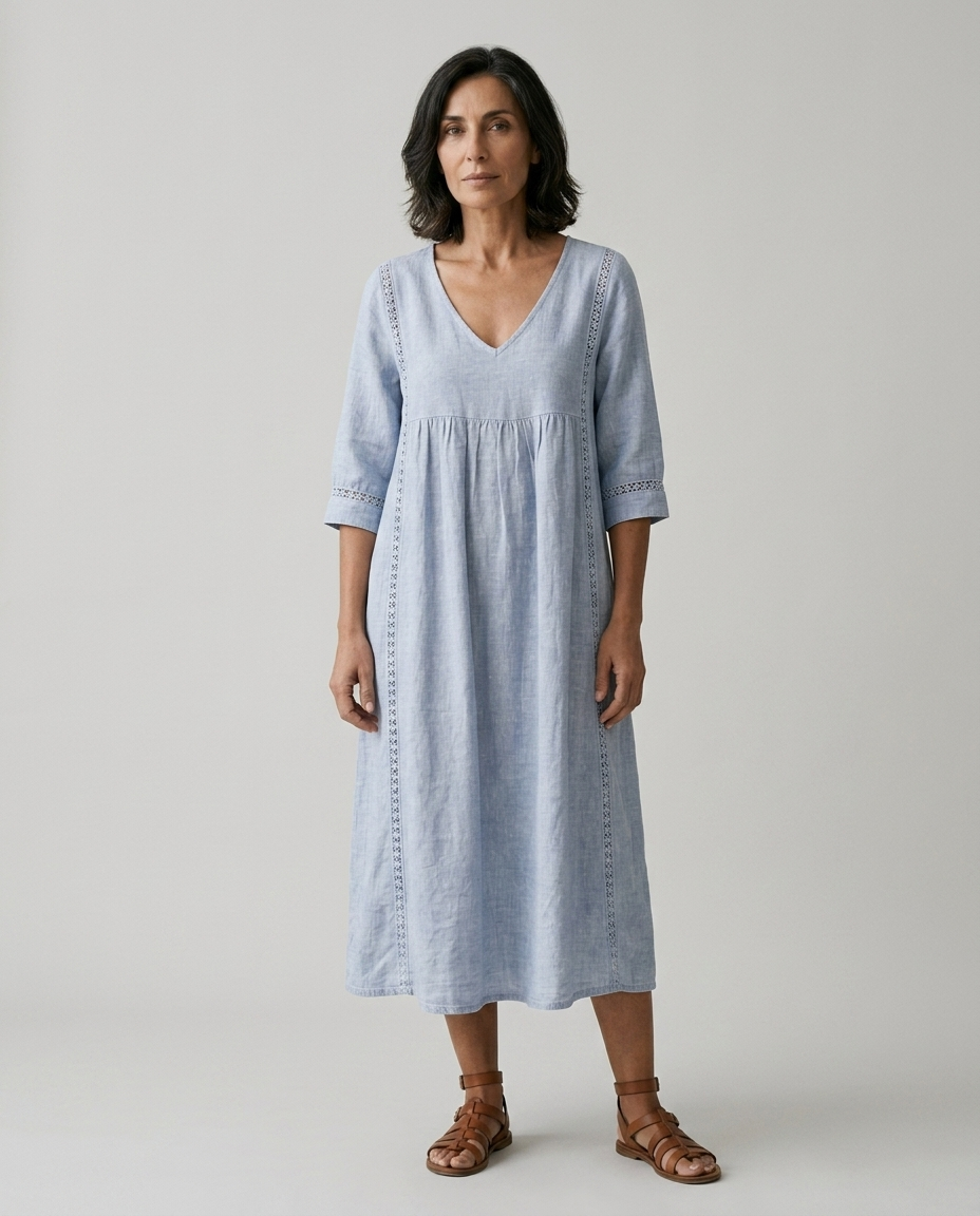 Marcella | Abito Midi in Lino, colore Azzurro, vista frontale su modella