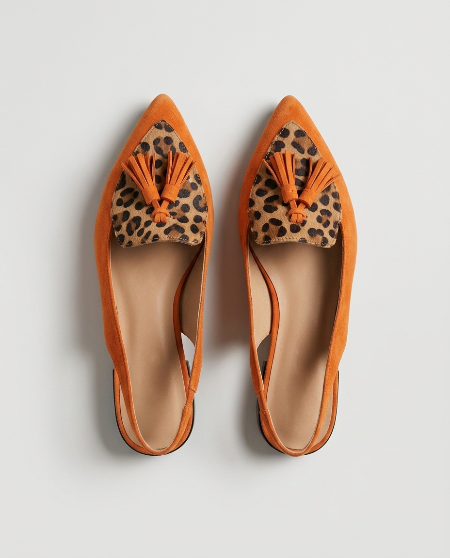 Eliza · sandali con nappine, colore arancione e leopardo, vista dall'alto