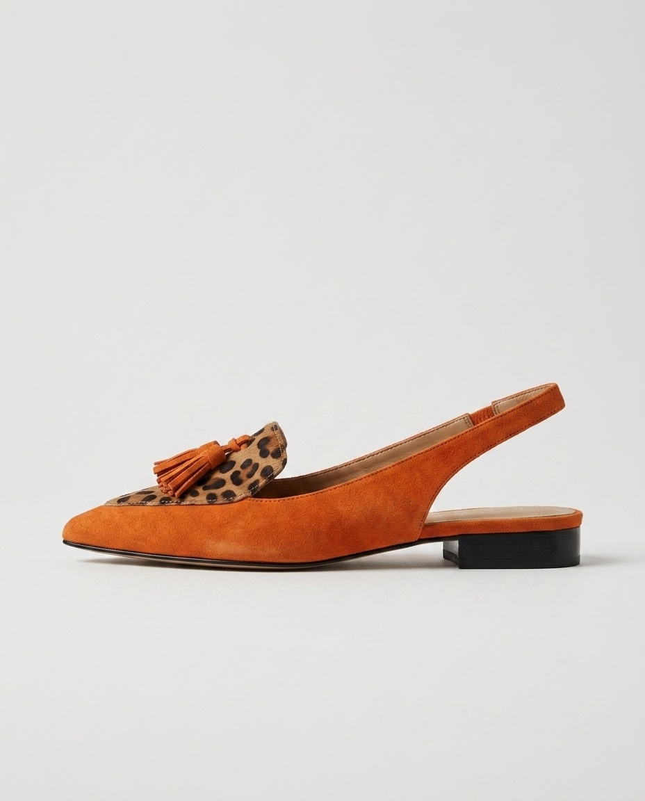 Eliza · sandali con nappine, colore arancione e leopardo, profilo laterale