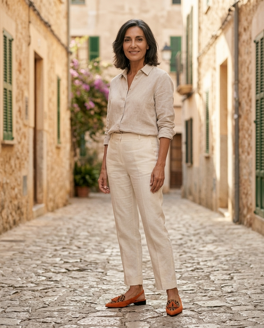 Eliza · sandali con nappine, colore arancione e leopardo, in un borgo italiano
