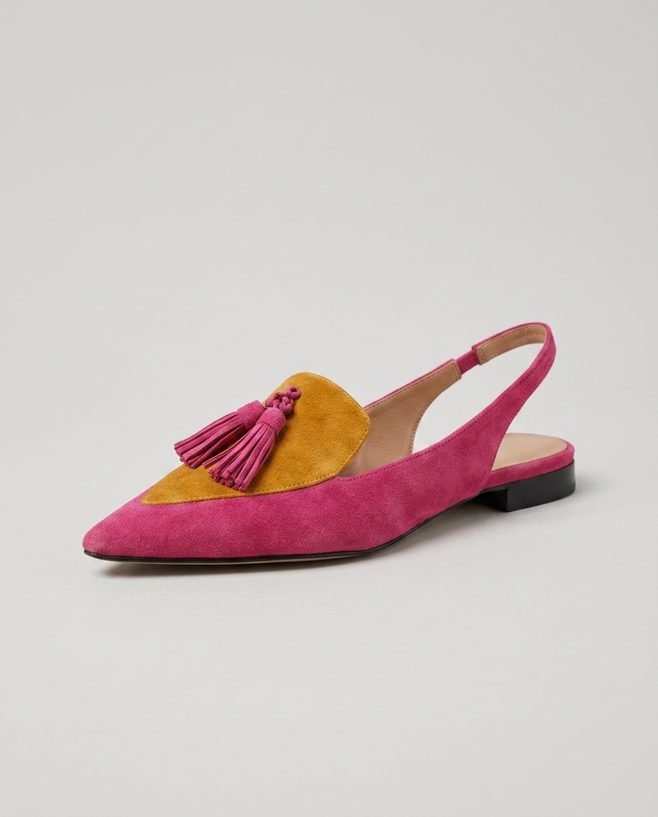 Eliza · sandali con nappine, colore rosa e senape, vista tre quarti
