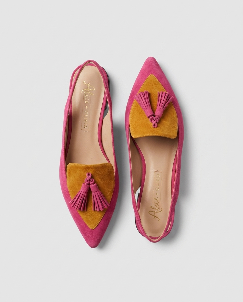 Eliza · sandali con nappine, colore rosa e senape, vista dall'alto
