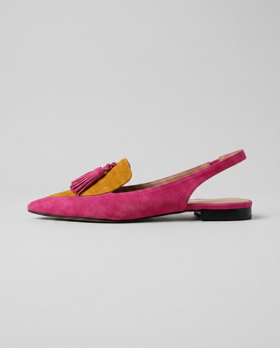 Eliza · sandali con nappine, colore rosa e senape, profilo laterale