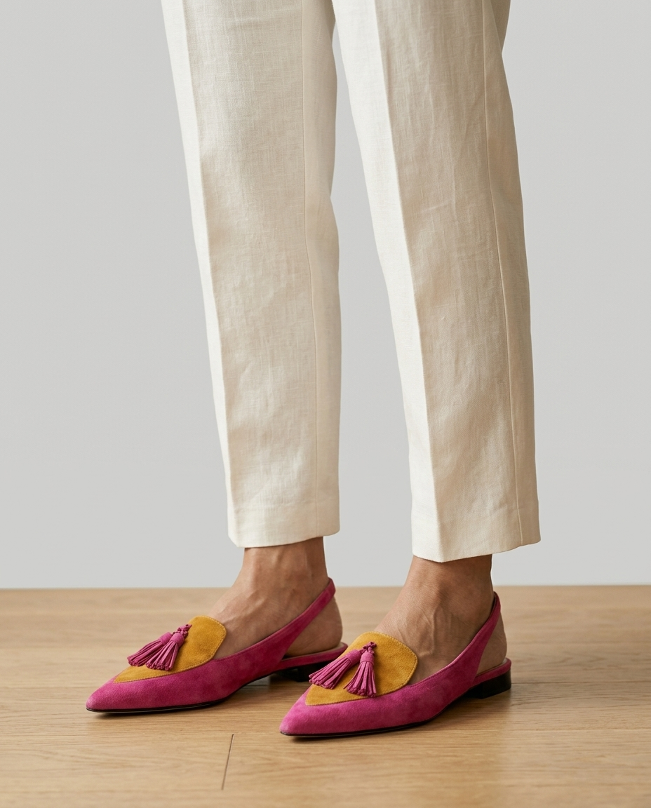 Eliza · sandali con nappine, colore rosa e senape, indossati