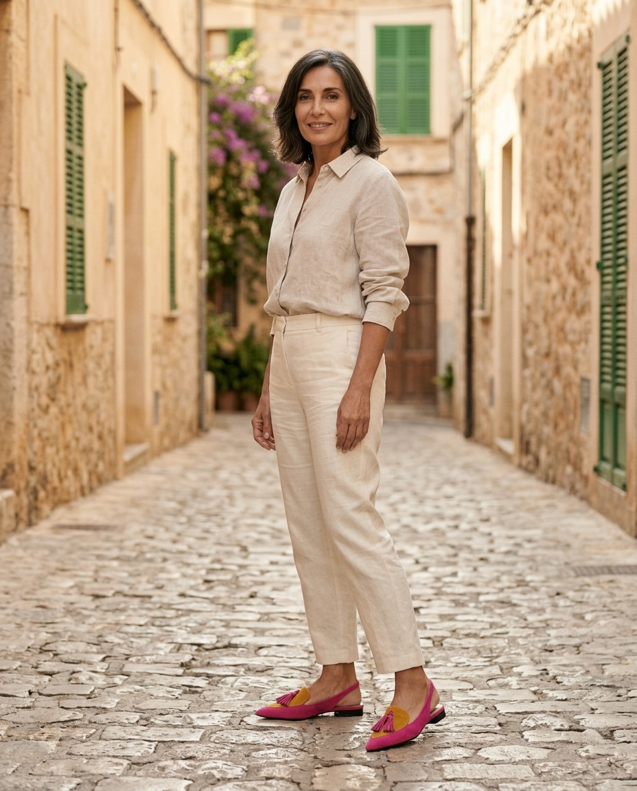 Eliza · sandali con nappine, colore rosa e senape, in un borgo italiano