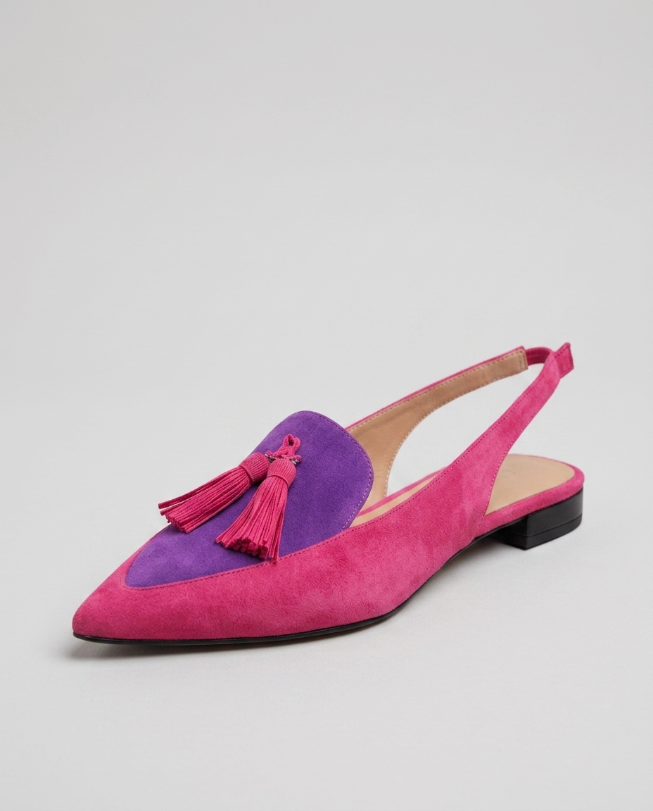 Eliza · sandali con nappine, colore rosa e viola, vista tre quarti