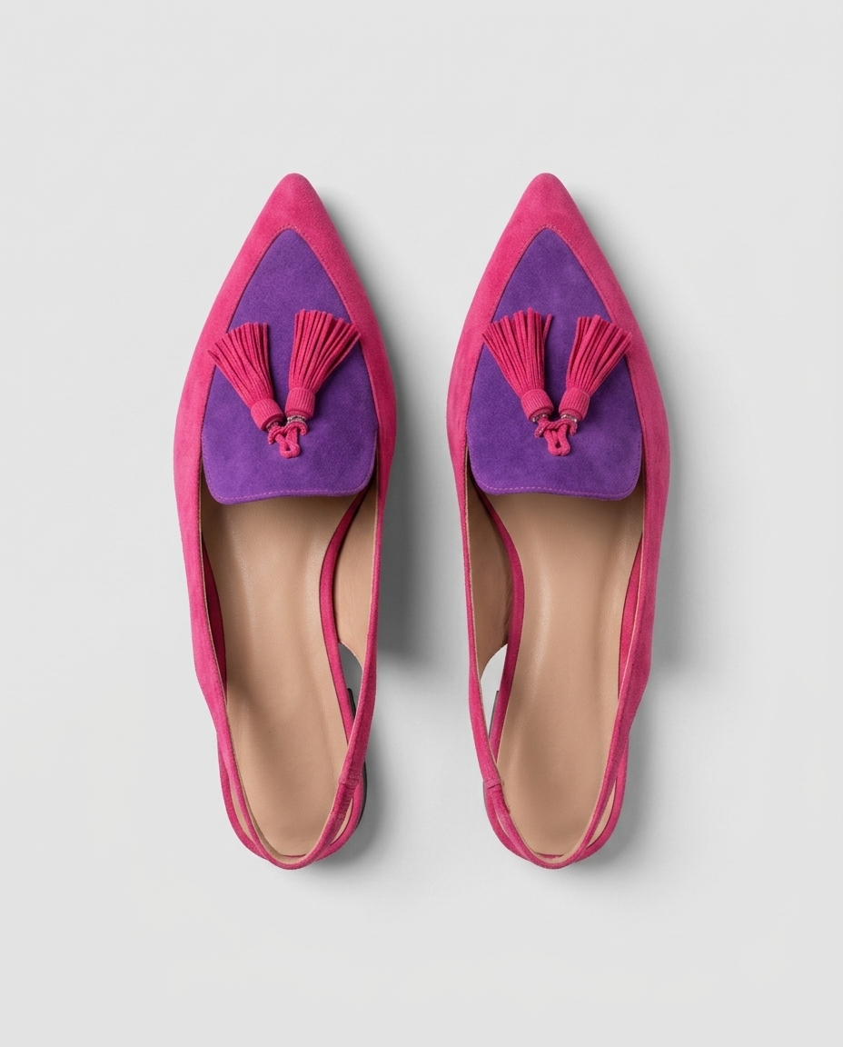 Eliza · sandali con nappine, colore rosa e viola, vista dall'alto