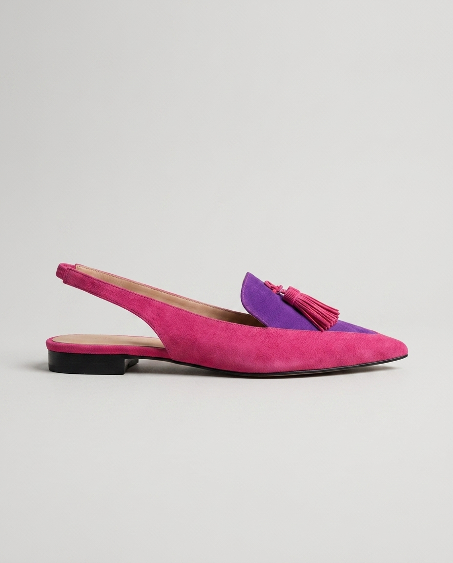 Eliza · sandali con nappine, colore rosa e viola, profilo laterale