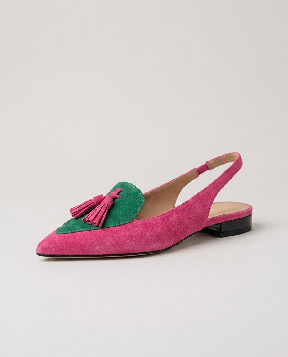 Eliza · sandali con nappine, colore rosa e verde, vista tre quarti
