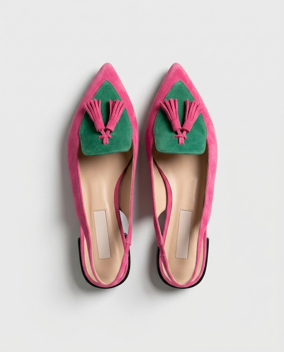 Eliza · sandali con nappine, colore rosa e verde, vista dall'alto