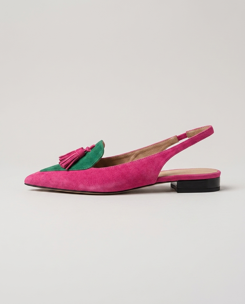 Eliza · sandali con nappine, colore rosa e verde, profilo laterale