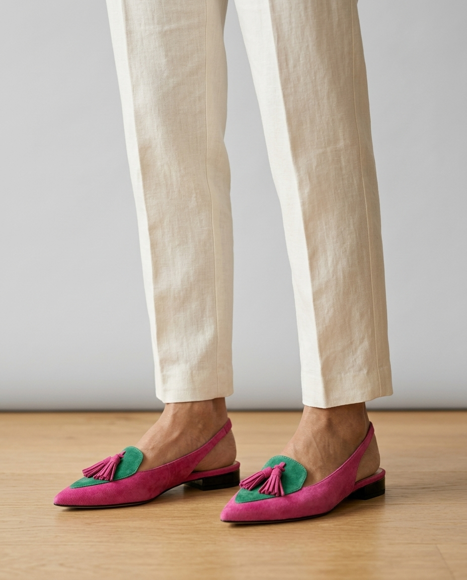 Eliza · sandali con nappine, colore rosa e verde, indossati
