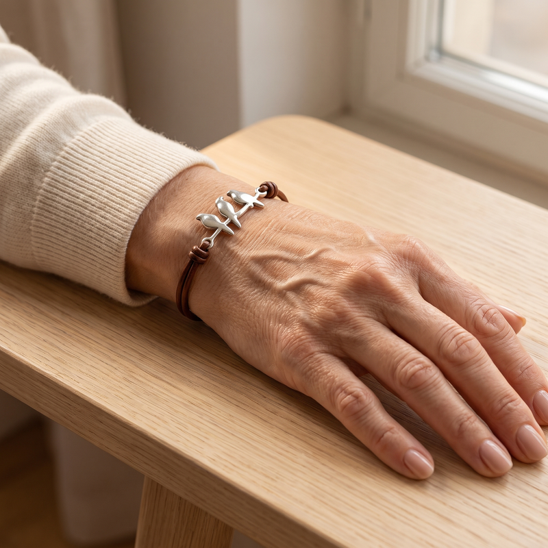 Bracciale in pelle con uccellino indossato al polso