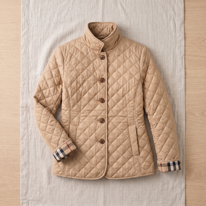 Giacca trapuntata Kelly beige vista intera, maniche risvoltate con fodera a quadri